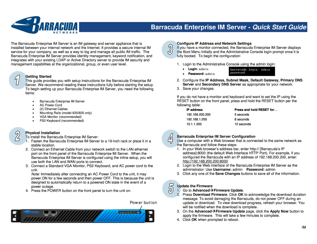 Barracuda Networks quick start Barracuda Enterprise IM Server - Quick Start Guide, Power button, Getting Started 