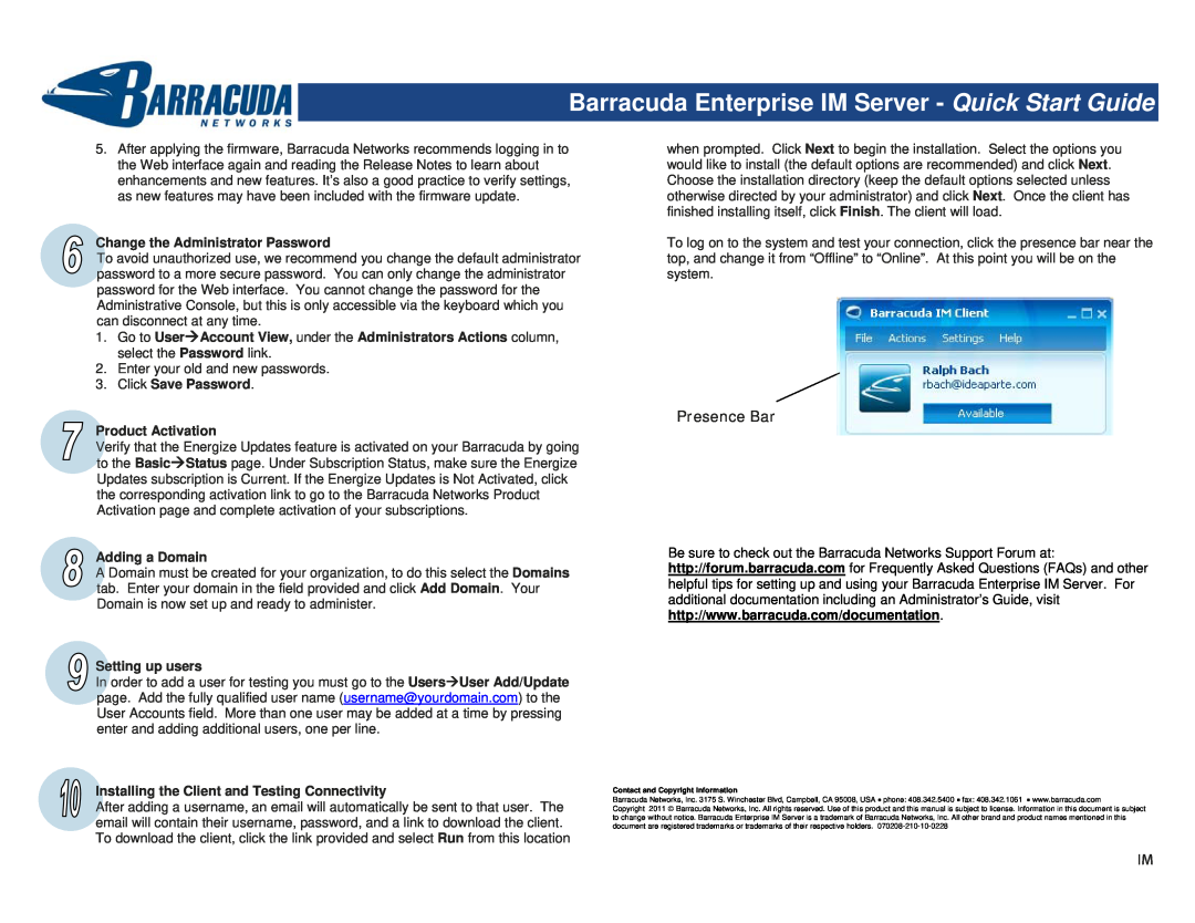 Barracuda Networks Server Presence Bar, Change the Administrator Password, Click Save Password Product Activation 