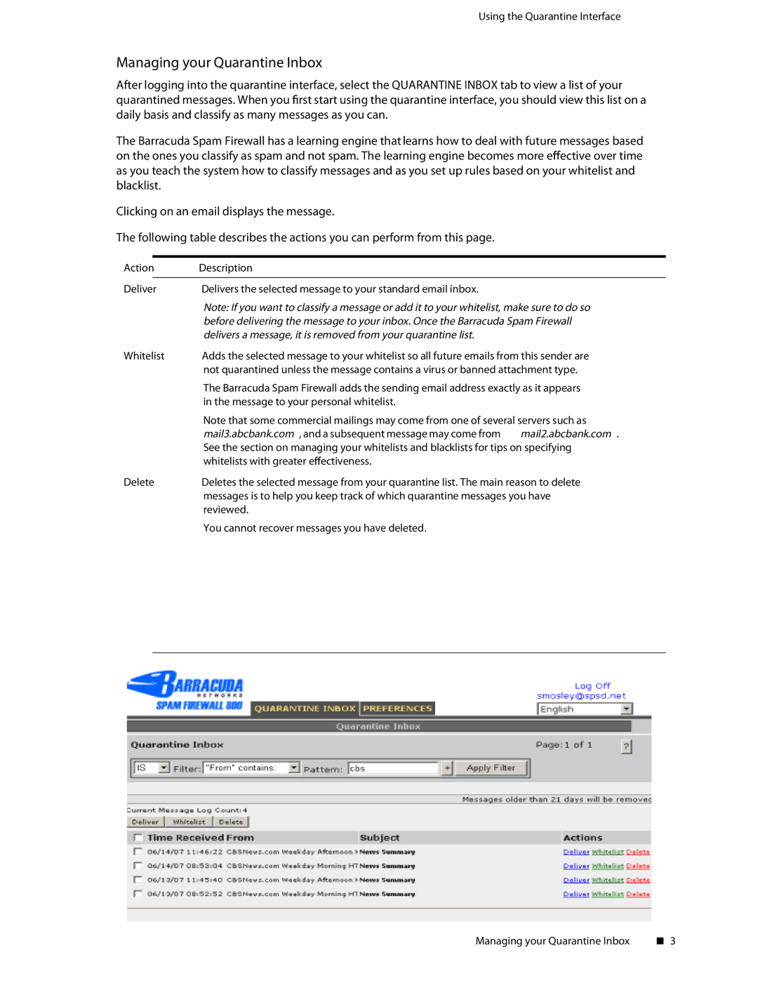 Barracuda Networks Spam Firewall manual Managing your Quarantine Inbox, Action Description 