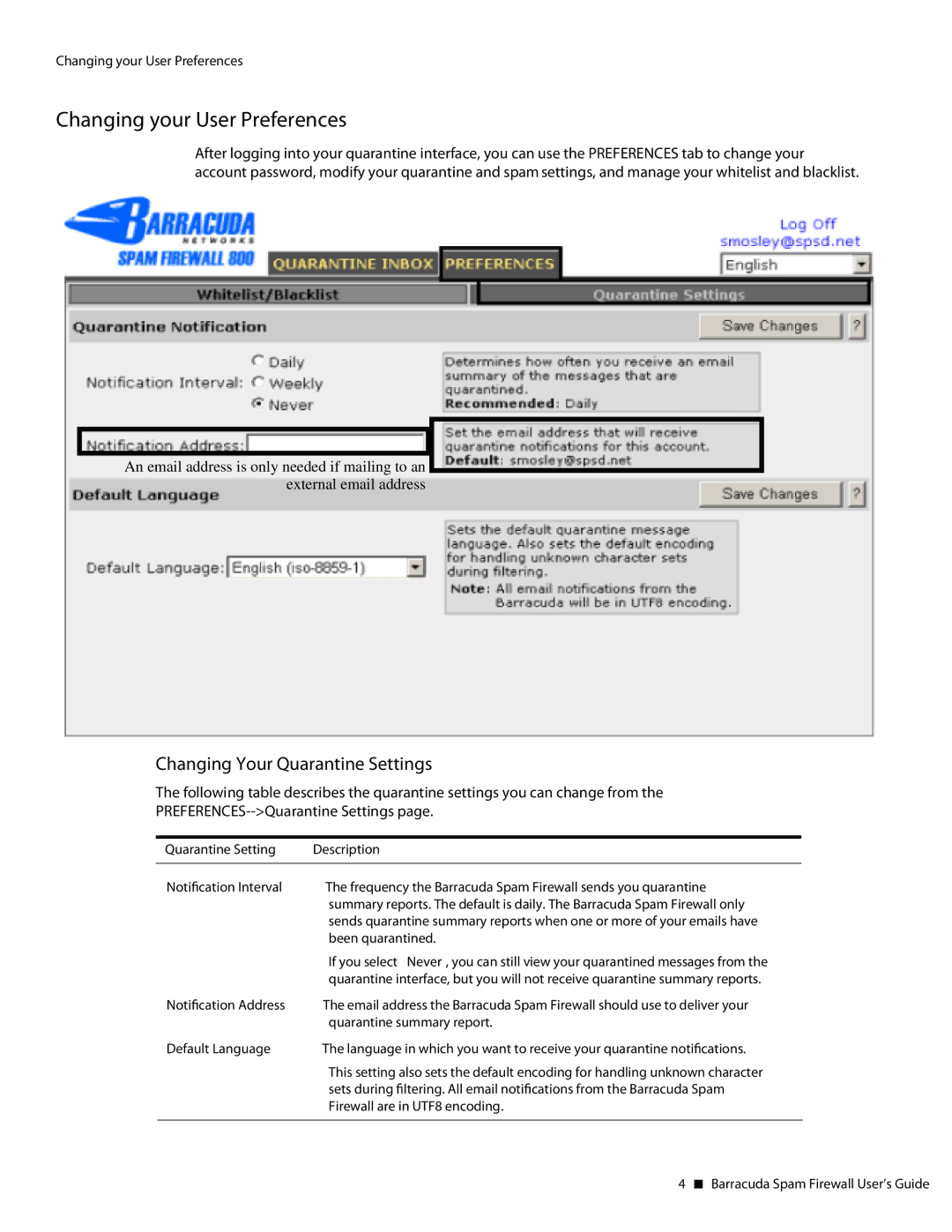 Barracuda Networks Spam Firewall manual Changing Your Quarantine Settings, Quarantine Setting Description 