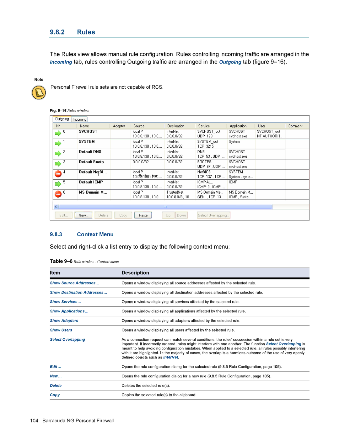 Barracuda Networks VERSION SP4 manual Show Source Addresses…, Show Destination Addresses…, Show Adapters, Show Users 