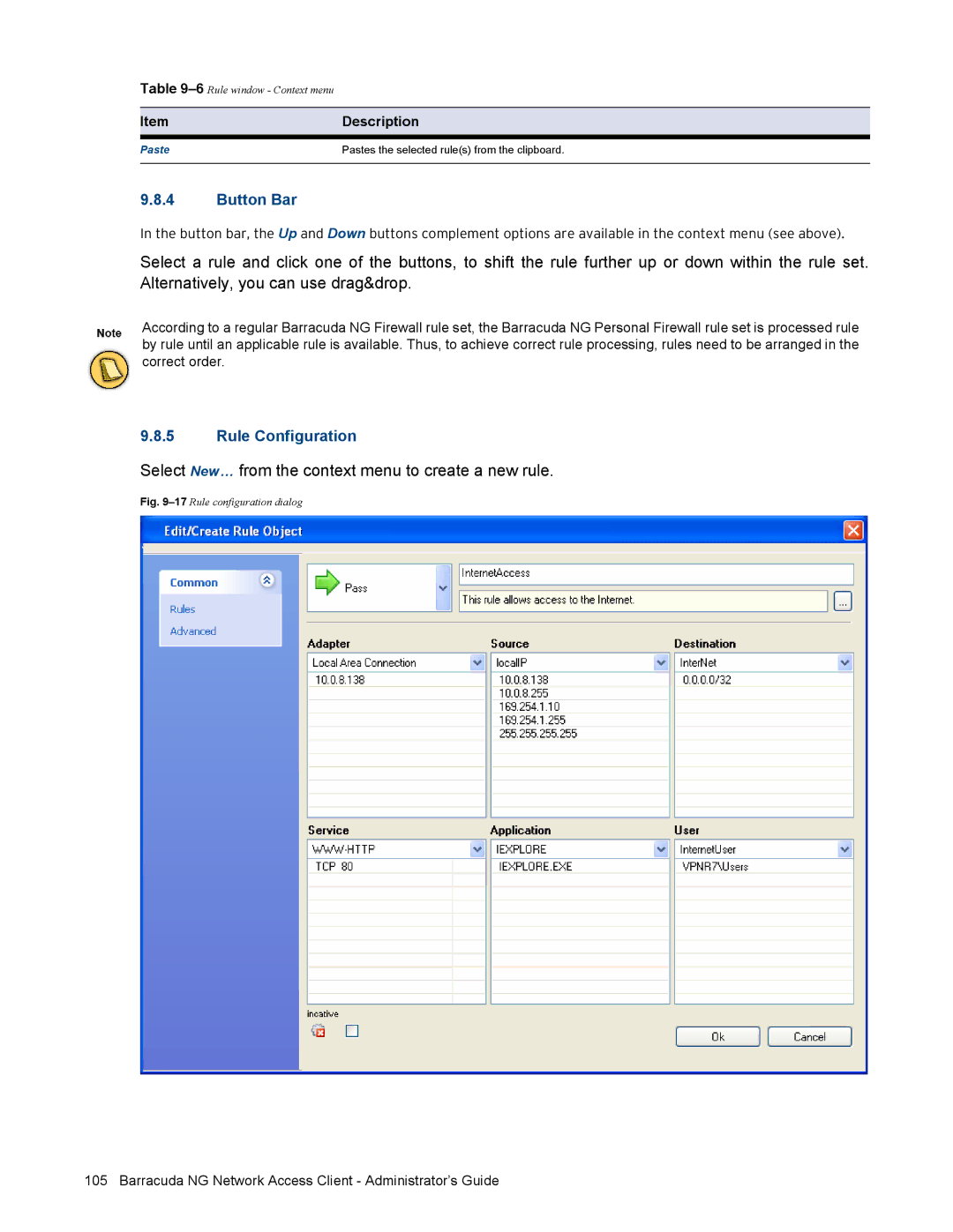 Barracuda Networks VERSION SP4 manual ItemDescription, Paste Pastes the selected rules from the clipboard 