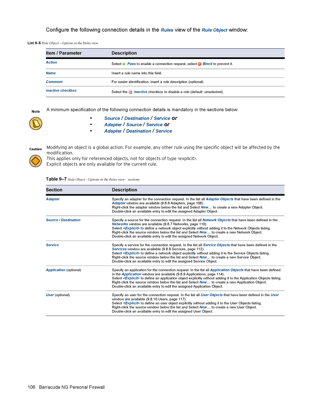 Barracuda Networks VERSION SP4 Action Name Comment, Inactive checkbox Select, Source / Destination, Application optional 