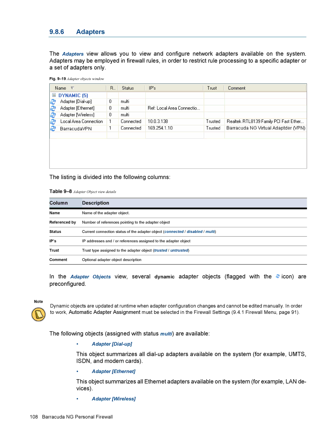 Barracuda Networks VERSION SP4 manual Adapters, 19Adapter objects window 