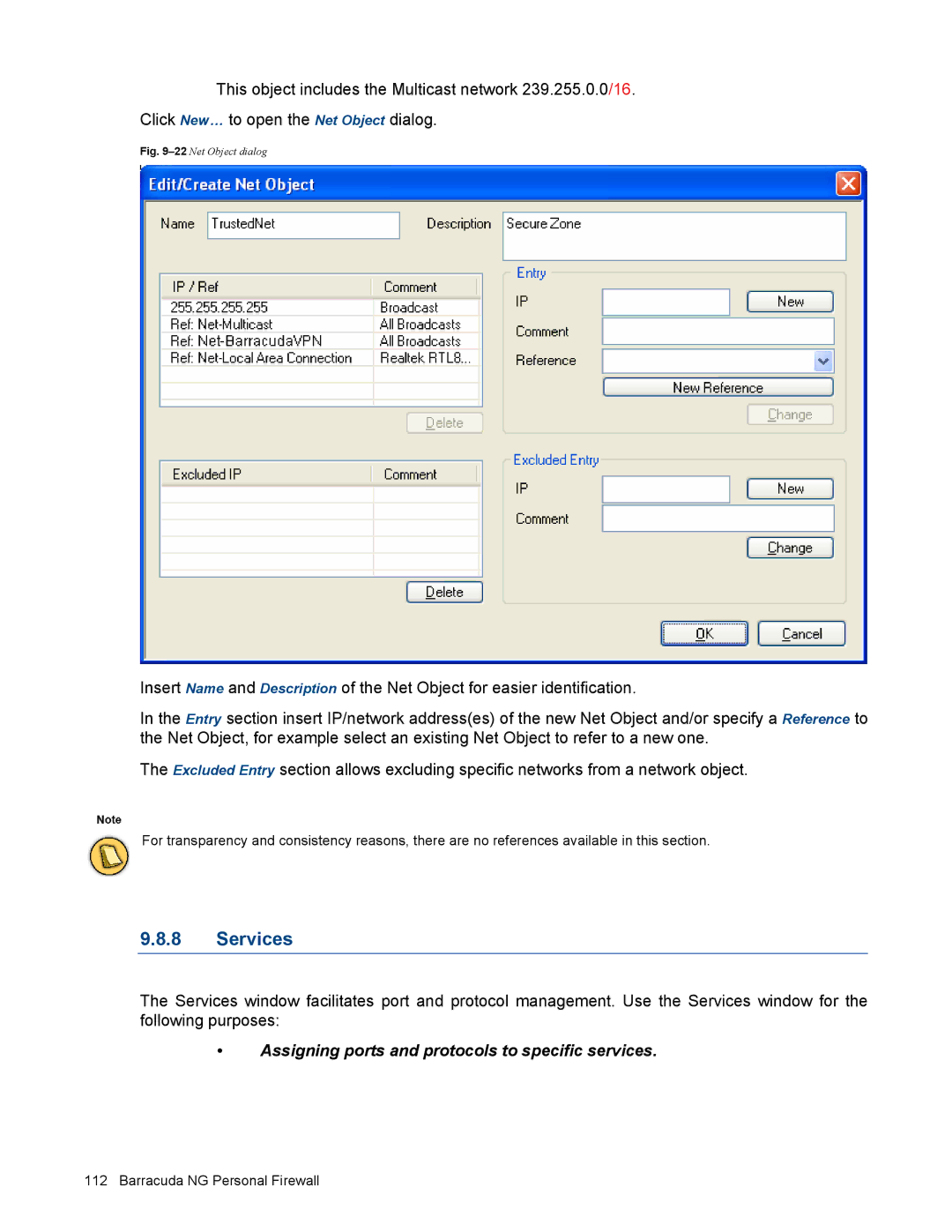 Barracuda Networks VERSION SP4 manual Services, 22Net Object dialog 