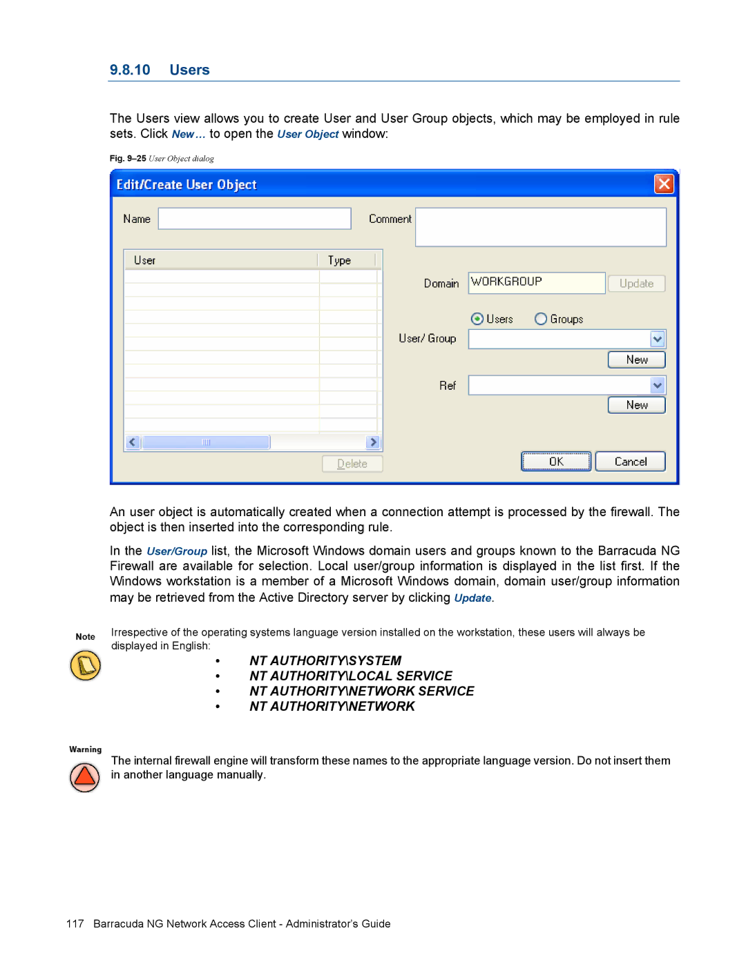 Barracuda Networks VERSION SP4 manual Users, 25User Object dialog 