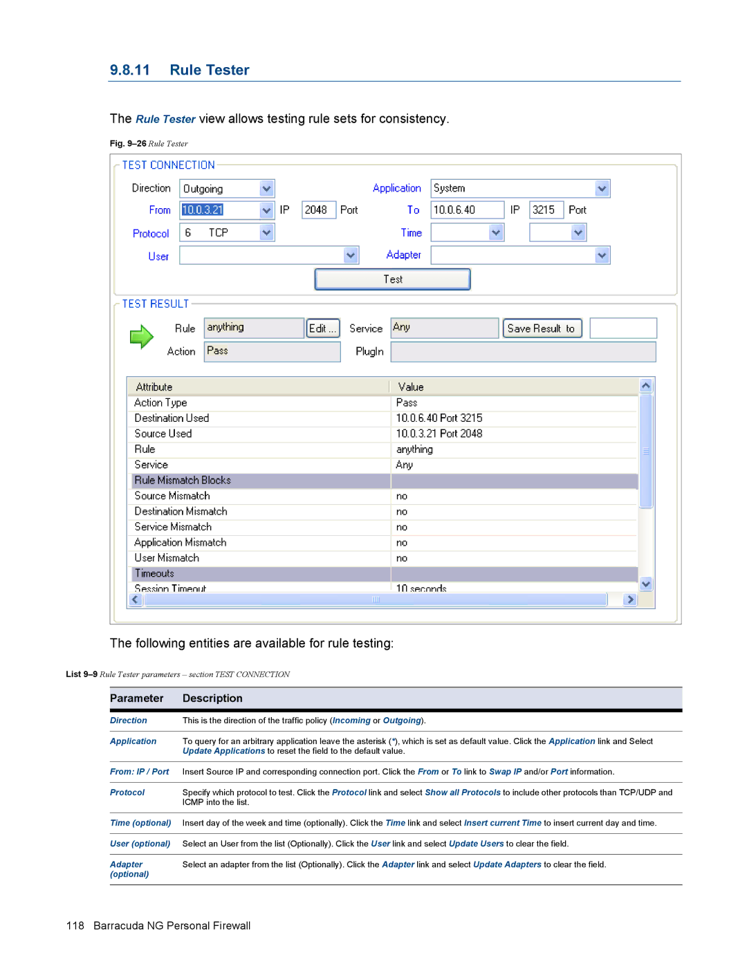 Barracuda Networks VERSION SP4 manual Rule Tester view allows testing rule sets for consistency 