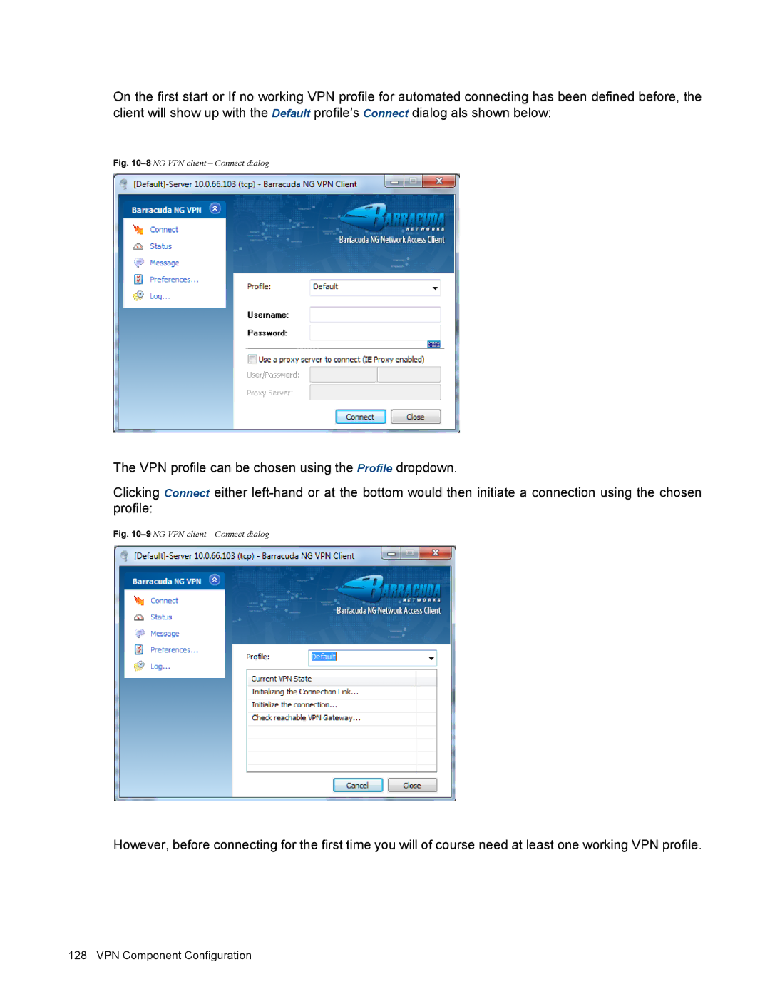 Barracuda Networks VERSION SP4 manual 8NG VPN client Connect dialog 