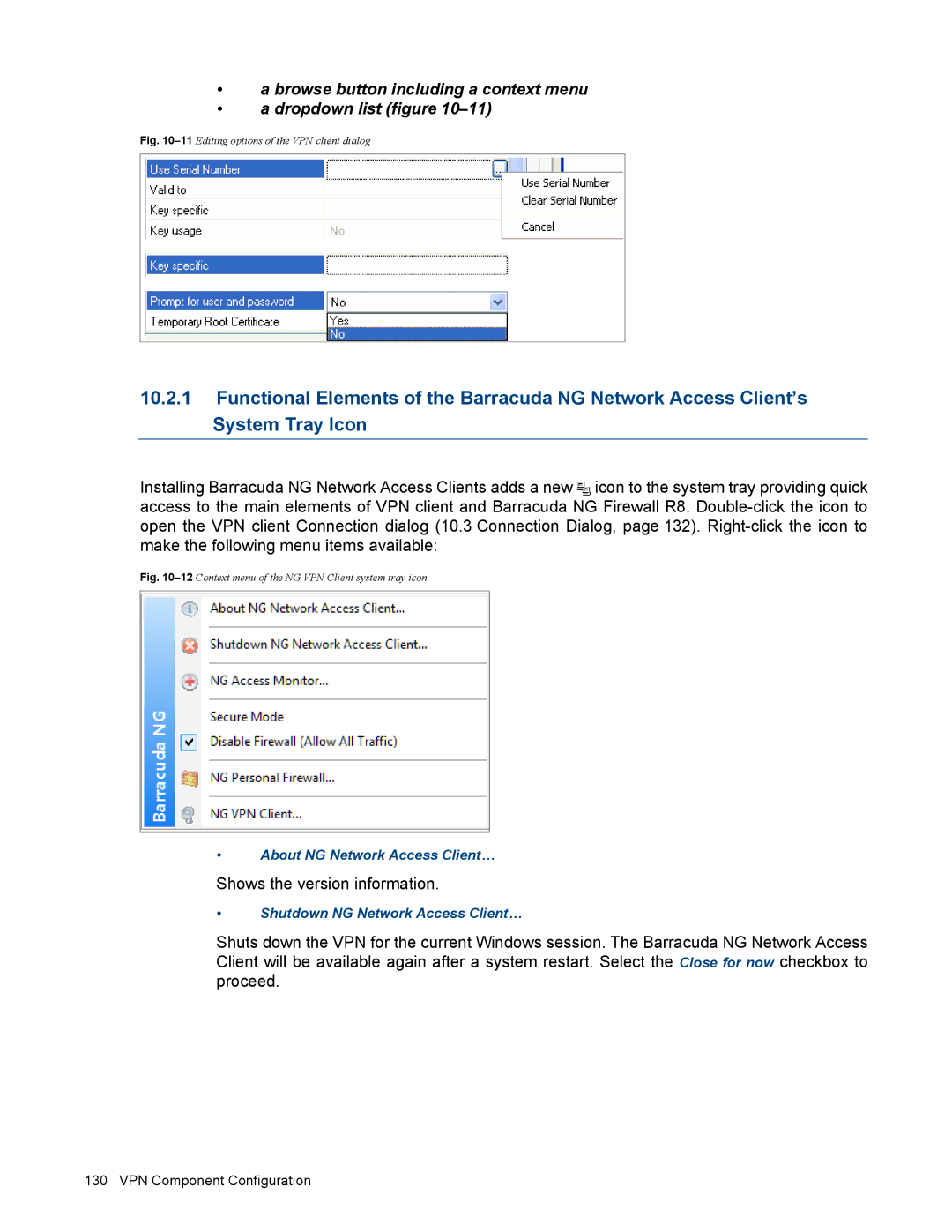 Barracuda Networks VERSION SP4 manual Shows the version information, 11Editing options of the VPN client dialog 