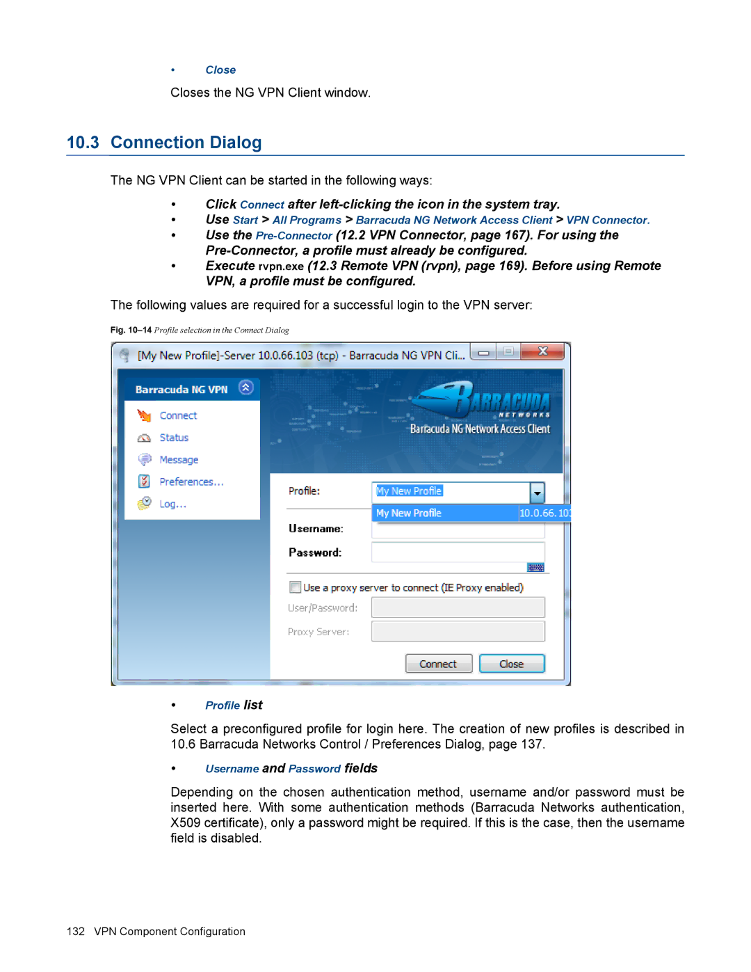 Barracuda Networks VERSION SP4 manual Connection Dialog, Closes the NG VPN Client window 