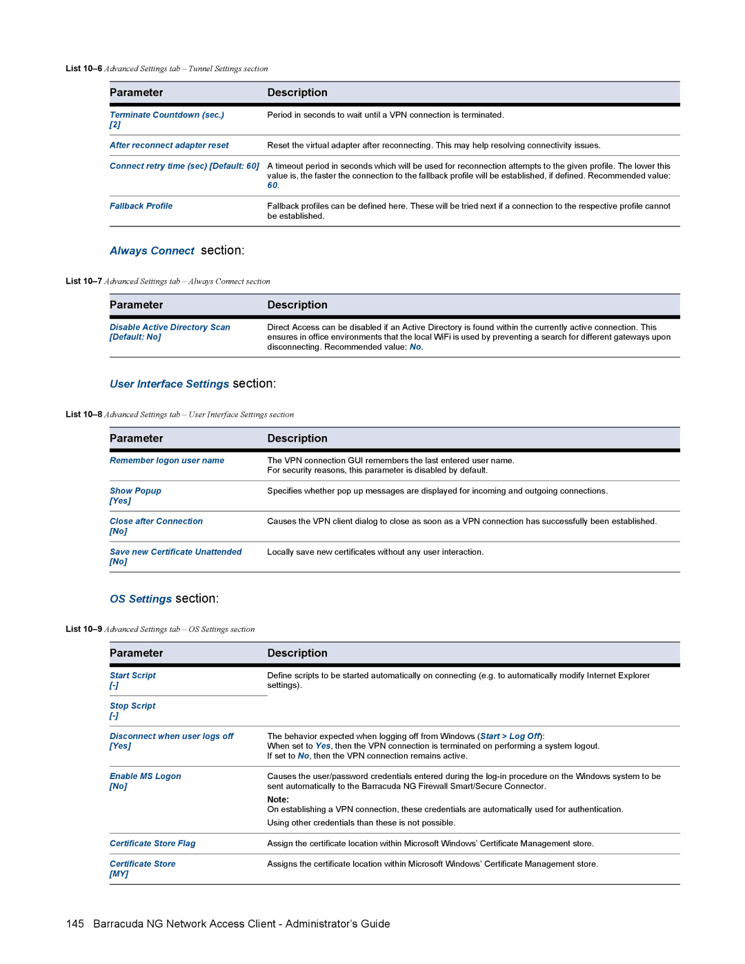 Barracuda Networks VERSION SP4 Fallback Profile, Be established, Disconnecting. Recommended value No, Enable MS Logon 