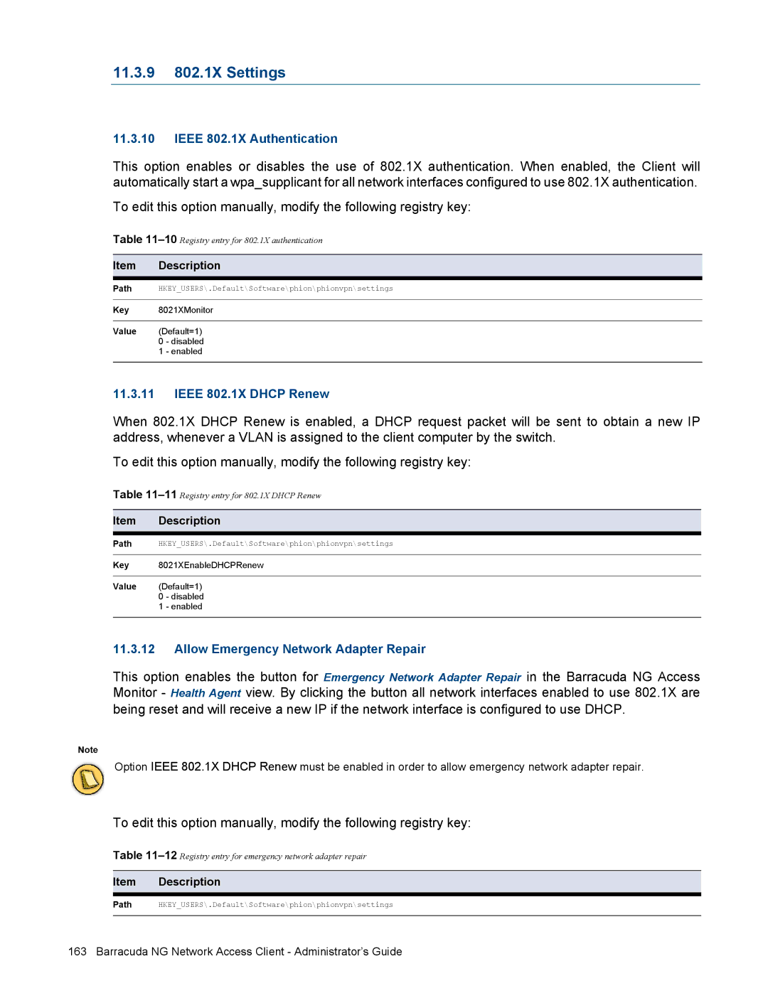 Barracuda Networks VERSION SP4 manual 11.3.9 802.1X Settings, Ieee 802.1X Authentication 