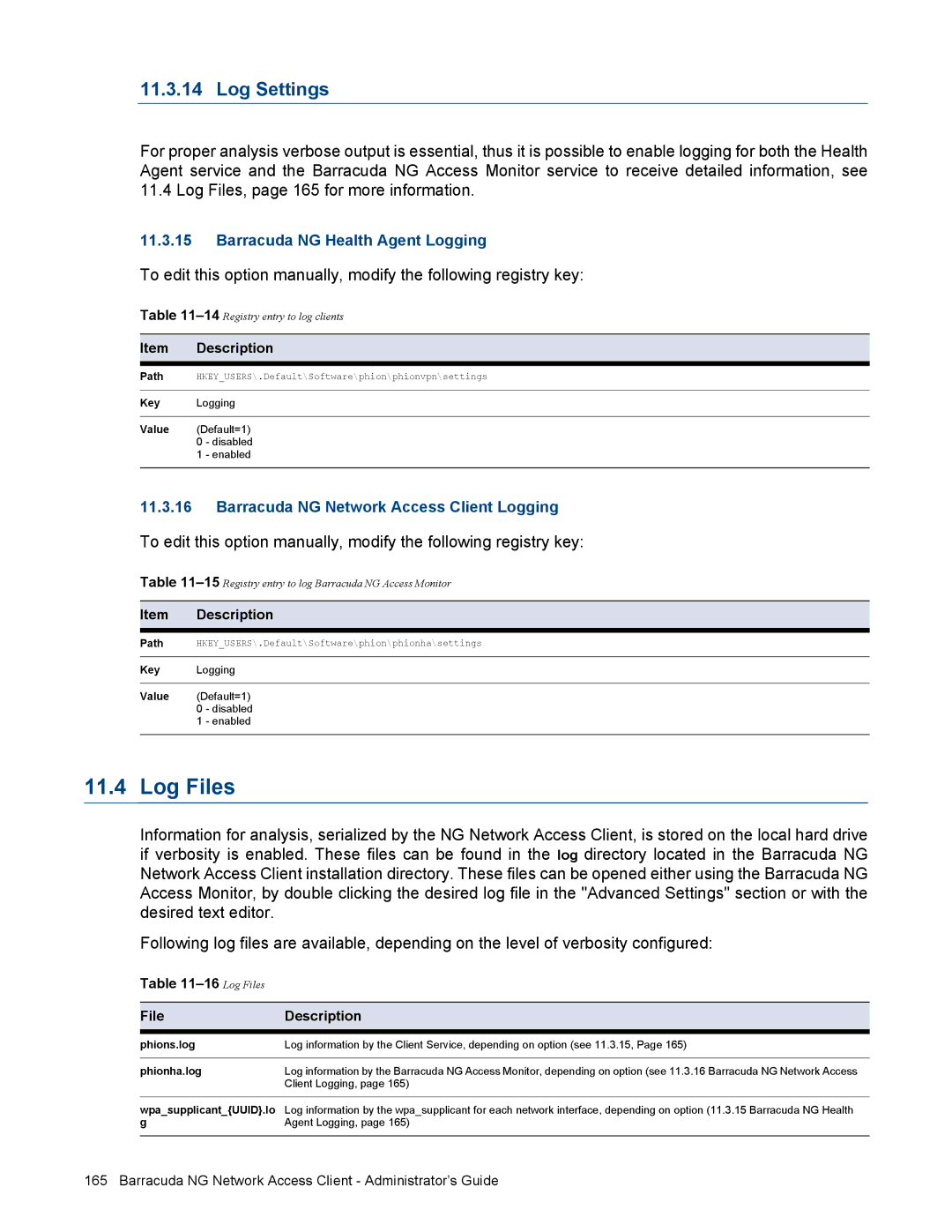 Barracuda Networks VERSION SP4 manual Log Settings, Log Files Description 