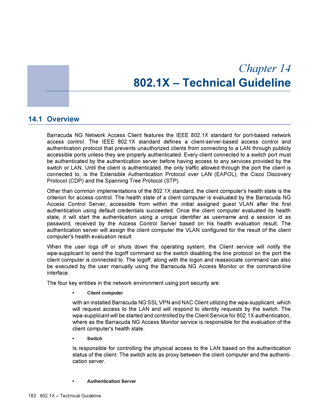 Barracuda Networks VERSION SP4 manual 802.1X Technical Guideline, Client computer, Switch, Authentication Server 