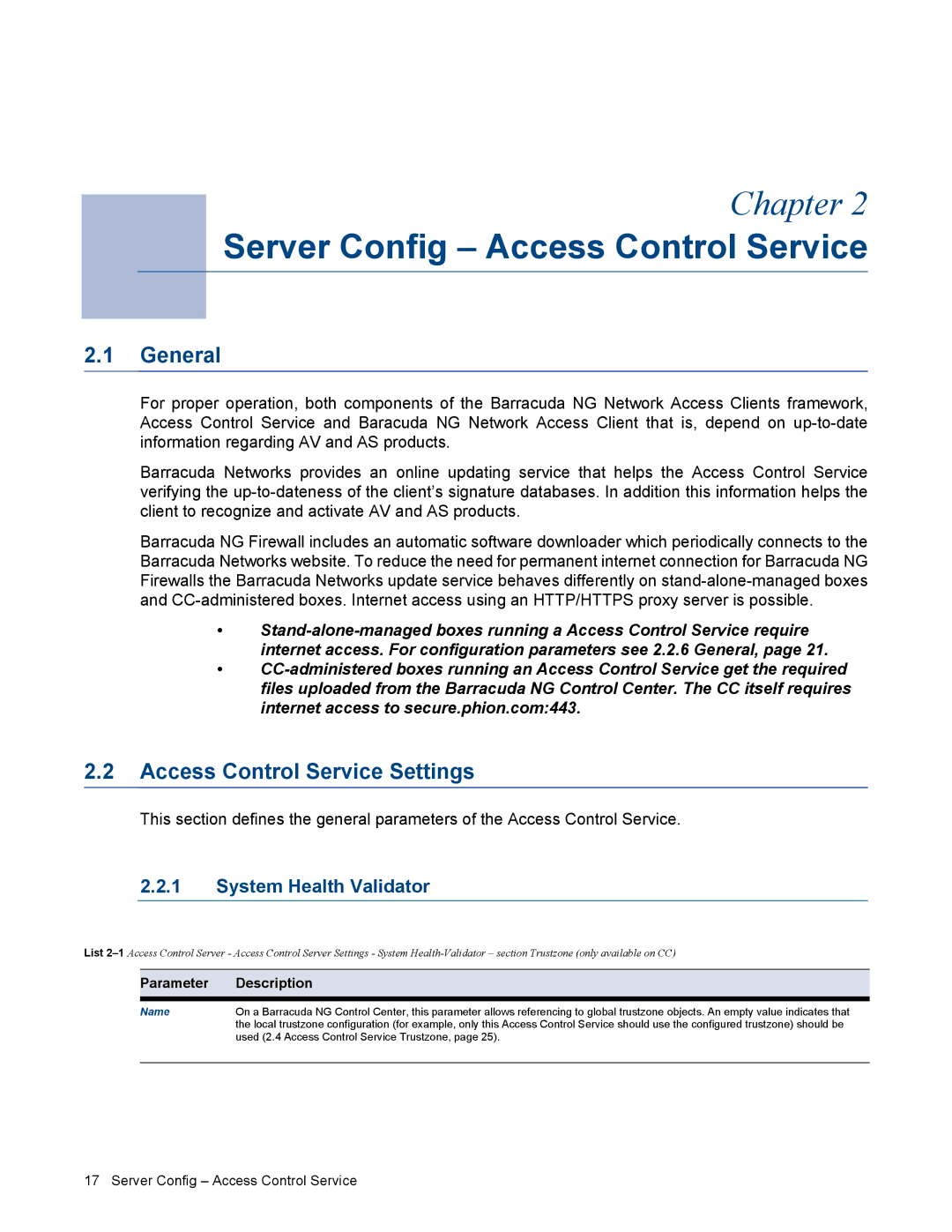 Barracuda Networks VERSION SP4 manual Server Config Access Control Service, General, Access Control Service Settings 