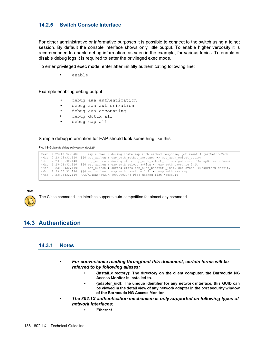 Barracuda Networks VERSION SP4 manual Authentication, Switch Console Interface, Example enabling debug output, Ethernet 