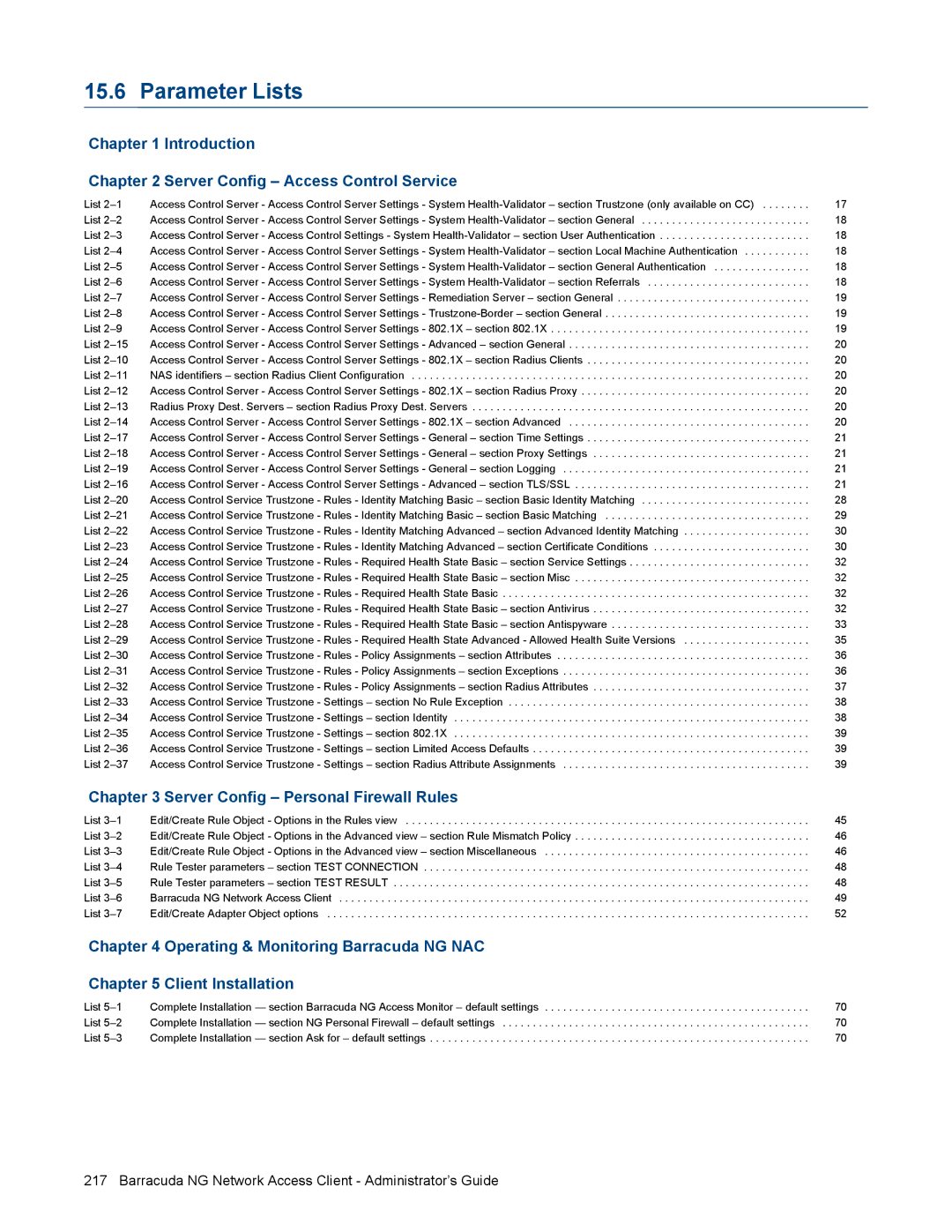 Barracuda Networks VERSION SP4 manual Parameter Lists, Introduction Server Config Access Control Service 