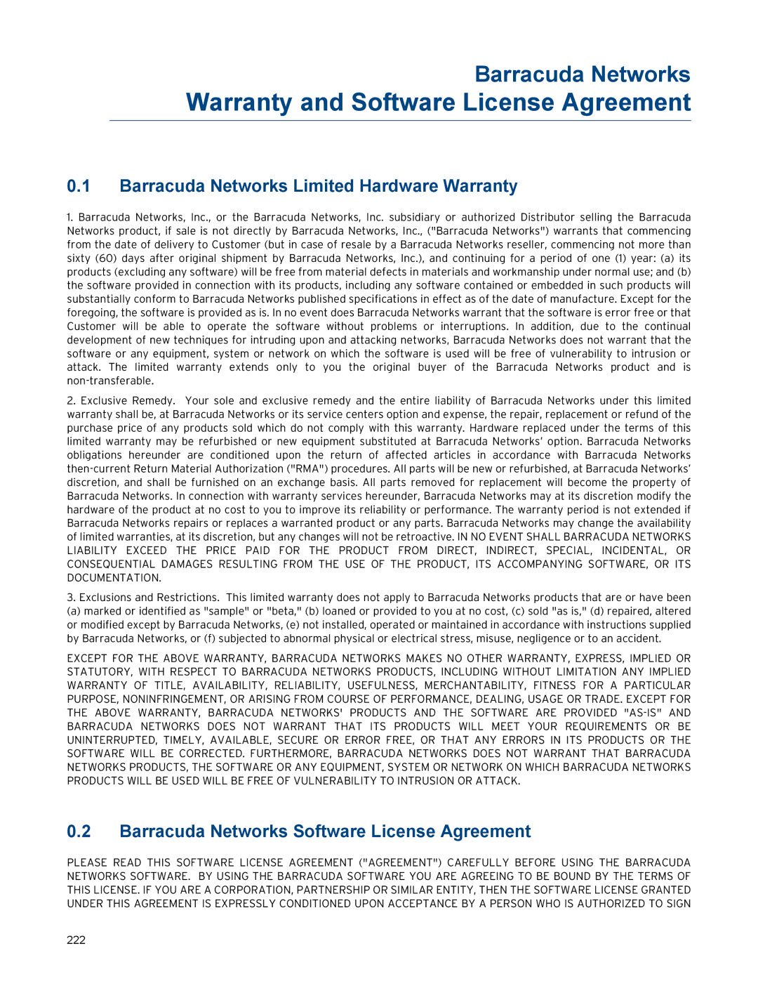 Barracuda Networks VERSION SP4 Barracuda Networks Limited Hardware Warranty, Barracuda Networks Software License Agreement 