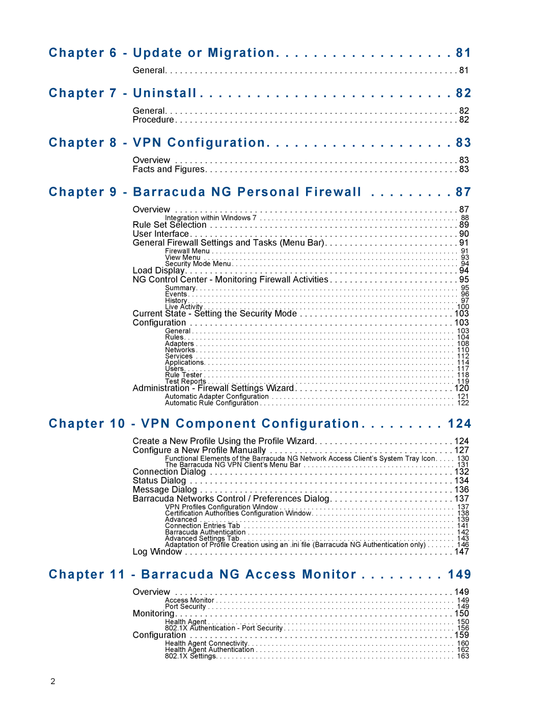 Barracuda Networks VERSION SP4 manual Update or Migration, Uninstall, VPN Configuration, Barracuda NG Personal Firewall 