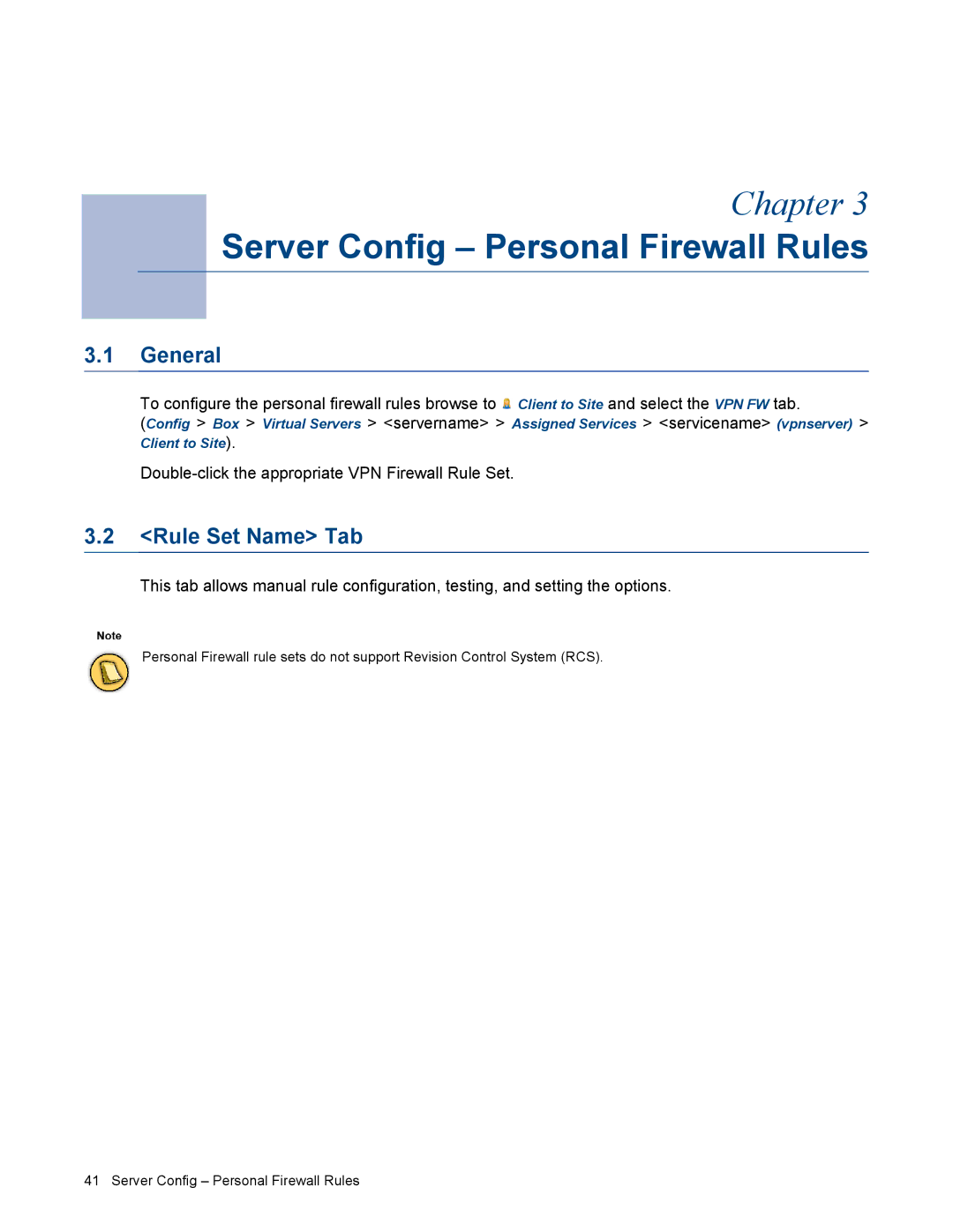 Barracuda Networks VERSION SP4 manual Server Config Personal Firewall Rules, Rule Set Name Tab 