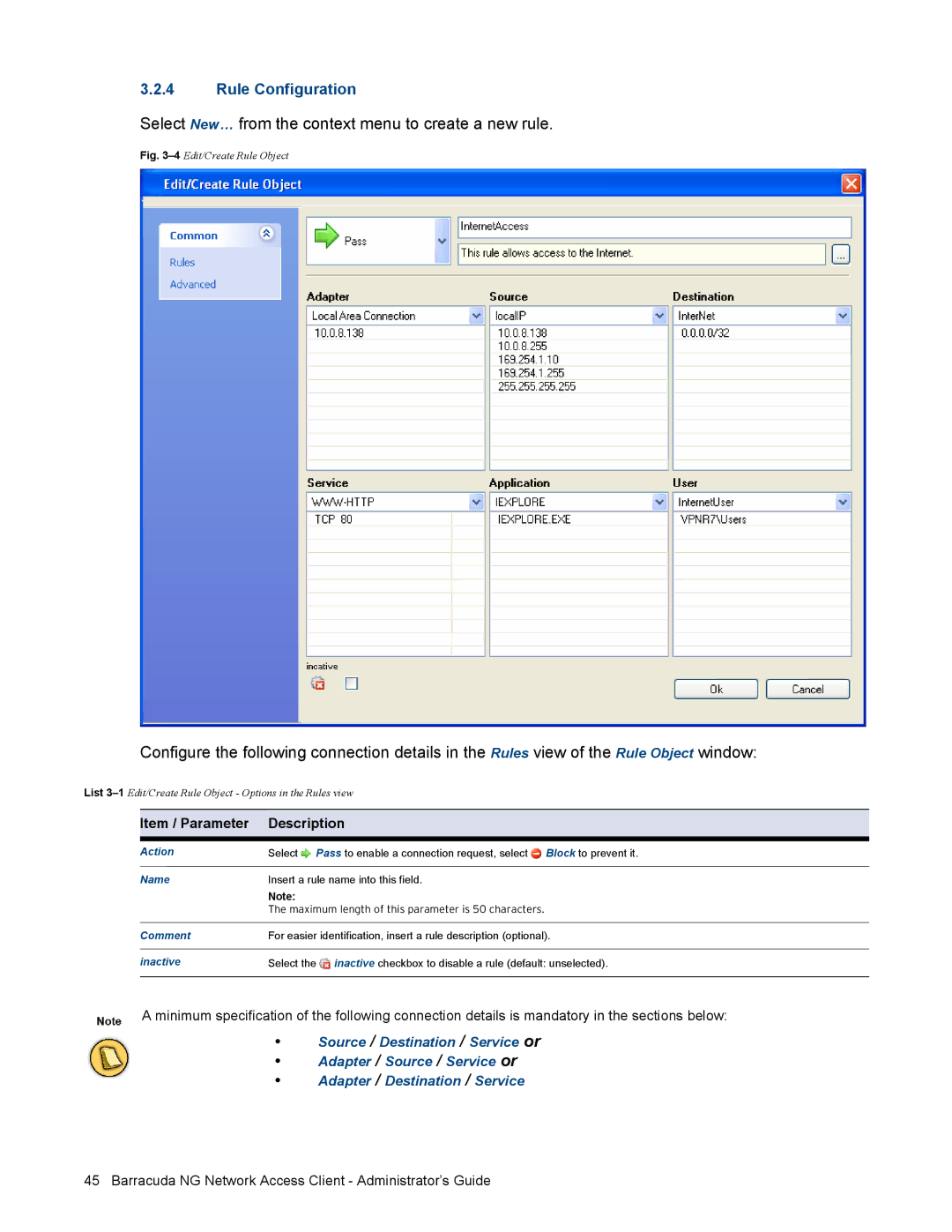 Barracuda Networks VERSION SP4 manual Select New… from the context menu to create a new rule, Item / Parameter Description 