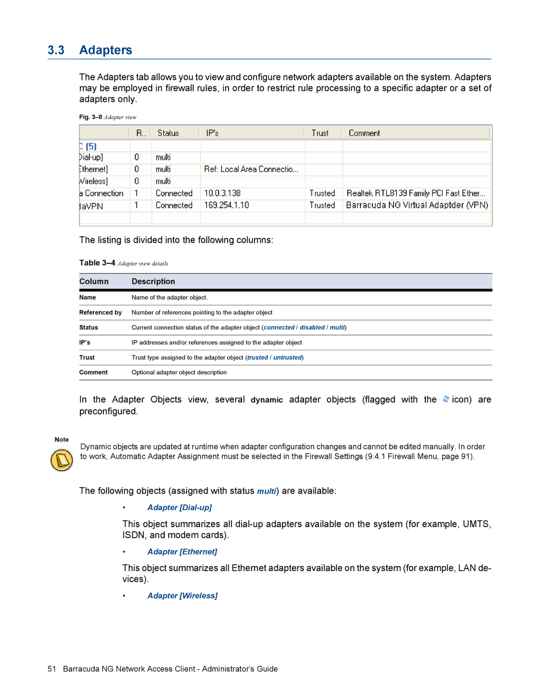 Barracuda Networks VERSION SP4 Adapters, Listing is divided into the following columns, Preconfigured, Column Description 