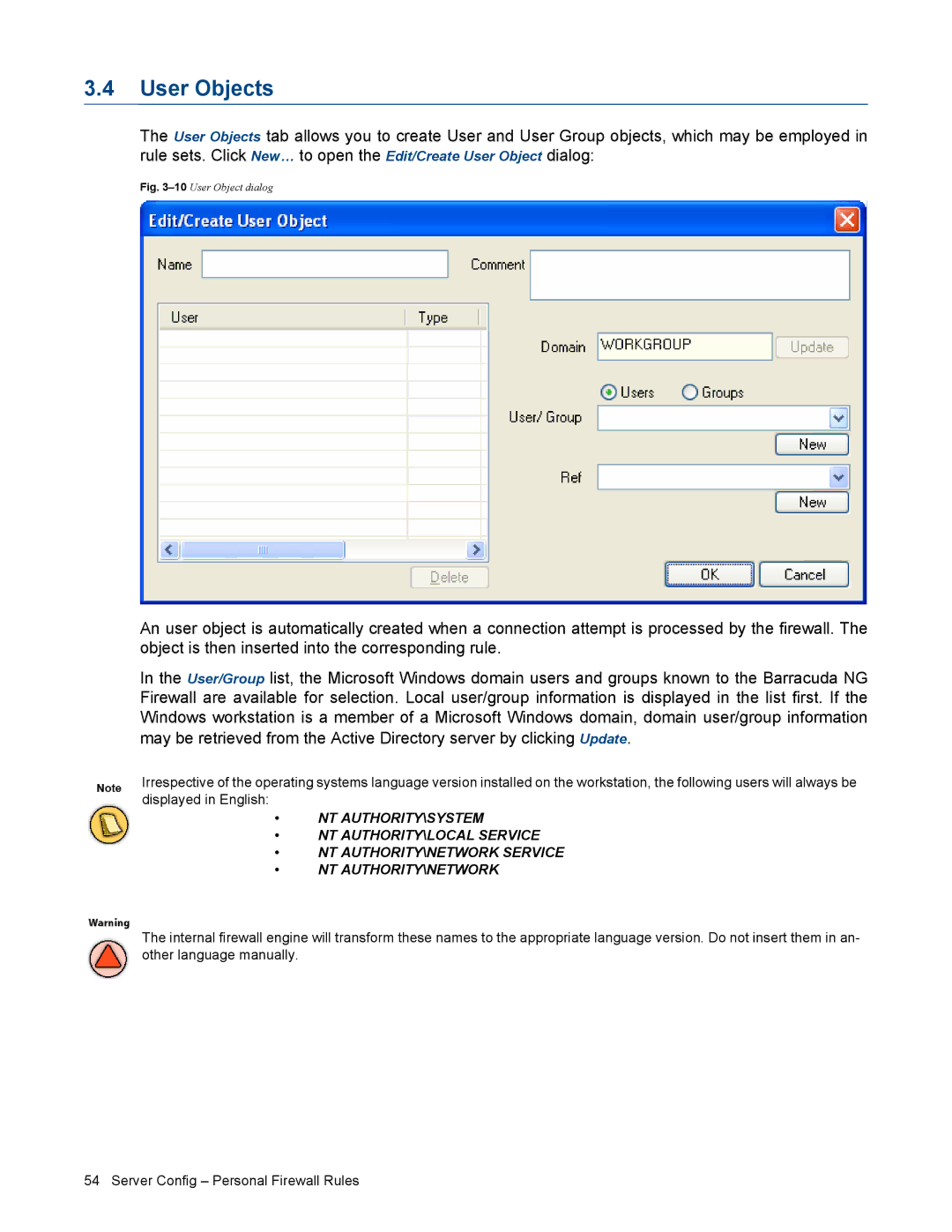 Barracuda Networks VERSION SP4 manual User Objects, 10User Object dialog 