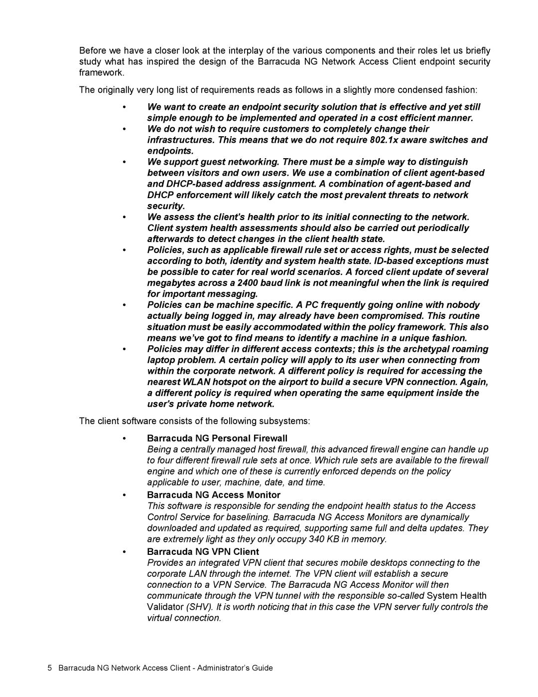 Barracuda Networks VERSION SP4 manual Client software consists of the following subsystems, Barracuda NG Personal Firewall 