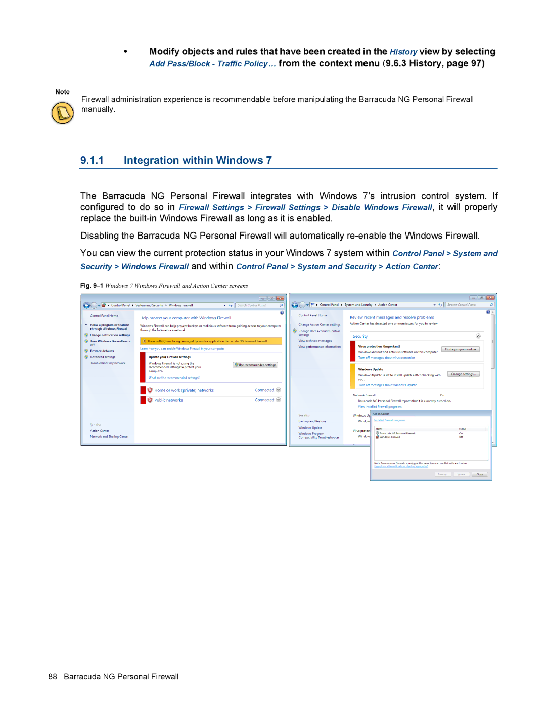 Barracuda Networks VERSION SP4 manual Integration within Windows, 1Windows 7 Windows Firewall and Action Center screens 