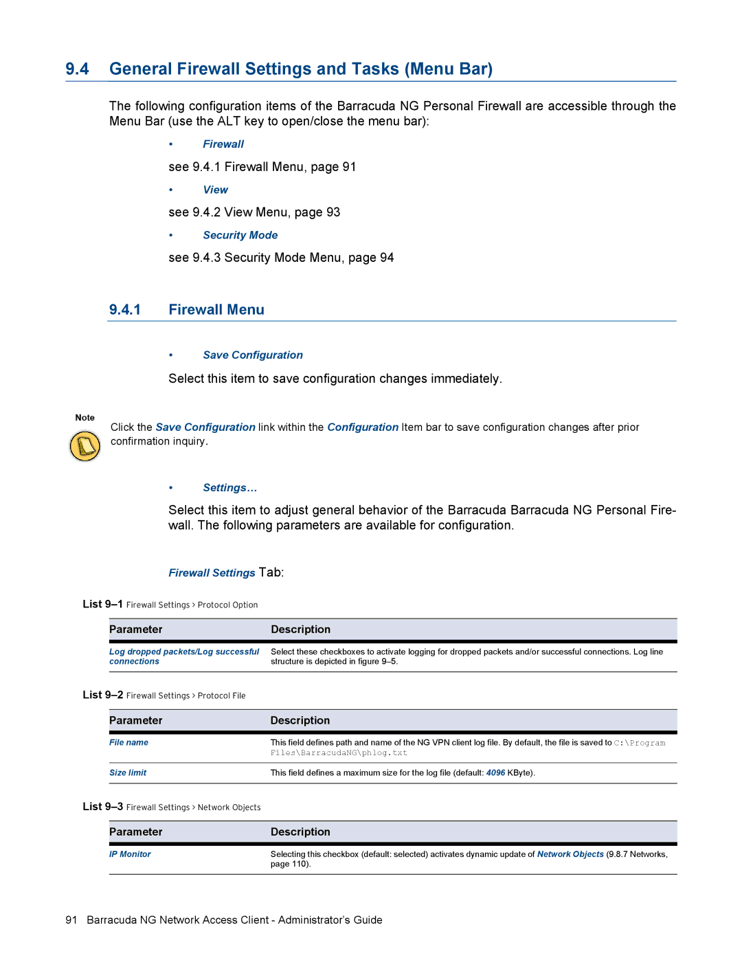 Barracuda Networks VERSION SP4 manual General Firewall Settings and Tasks Menu Bar, Firewall Menu 