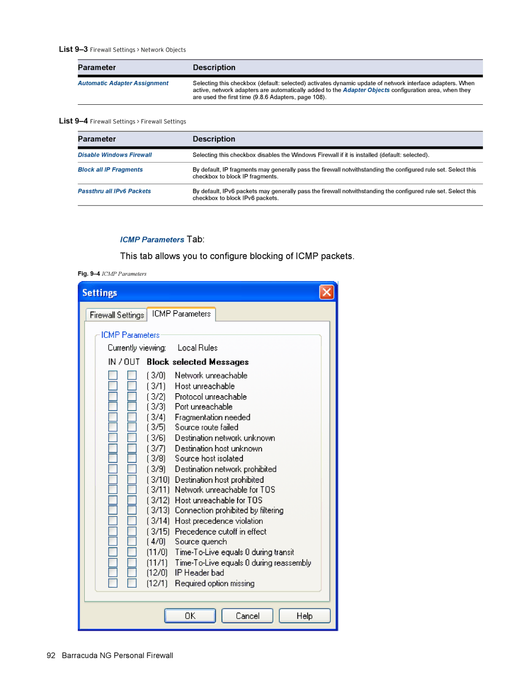 Barracuda Networks VERSION SP4 This tab allows you to configure blocking of Icmp packets, Automatic Adapter Assignment 