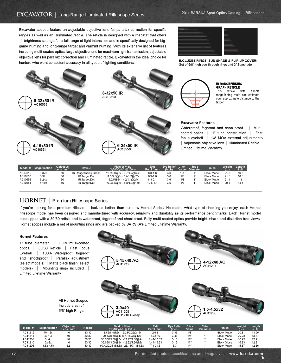 Barska AC10552 manual Excavator Long-Range Illuminated Riflescope Series, Hornet Premium Riflescope Series 