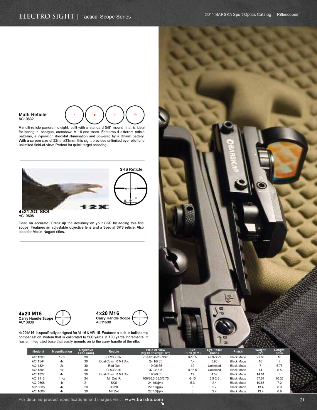 Barska AC10552 manual Electro Sight Tactical Scope Series, 4x20 M16, Multi-Reticle, 4x21 AO, SKS 