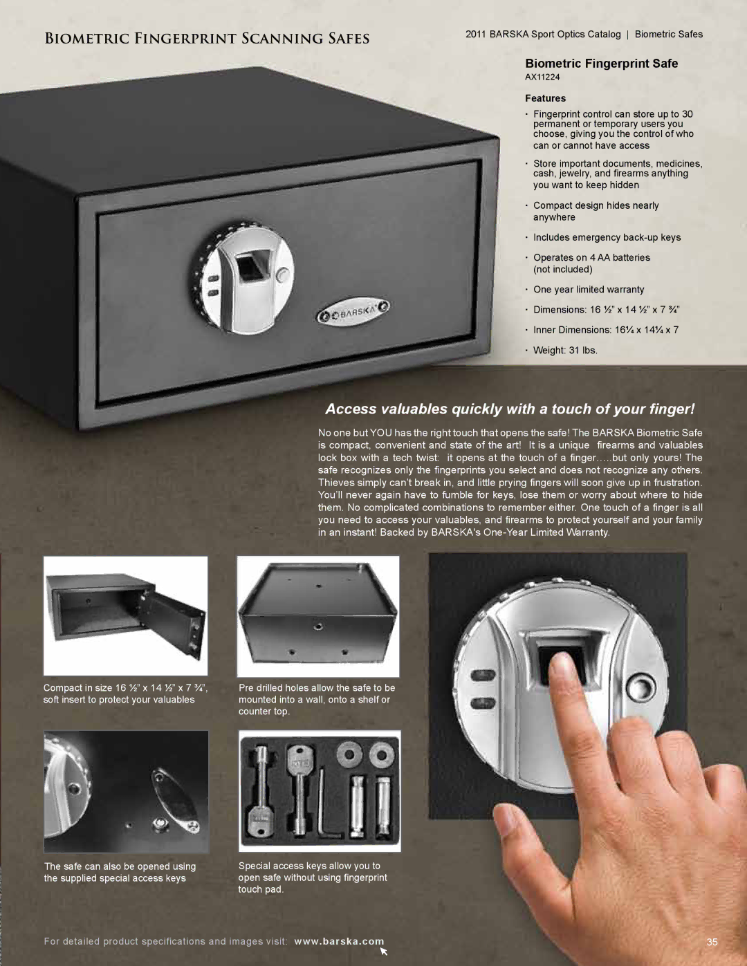 Barska AC10552 manual Biometric Fingerprint Safe, AX11224 