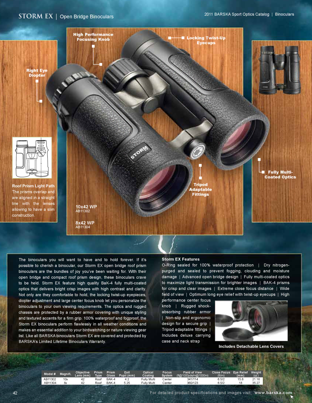 Barska AC10552 manual Storm EX Open Bridge Binoculars, Focus Field of View Close Focus Eye Relief 