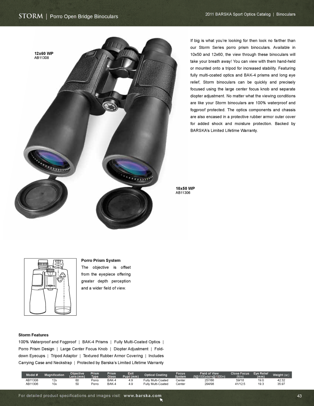 Barska AC10552 manual Storm Porro Open Bridge Binoculars, 12x60 WP, Porro Prism System, Storm Features, 10x50 WP 