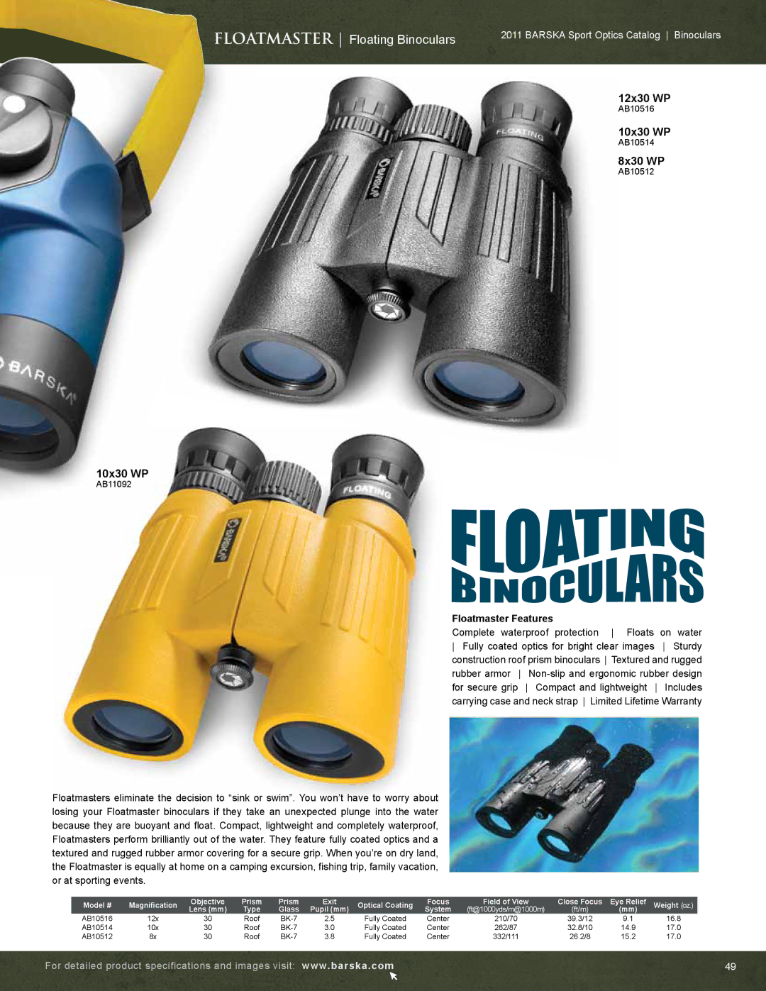 Barska AC10552 manual Floatmaster Floating Binoculars, 12x30 WP, 10x30 WP, Floatmaster Features 