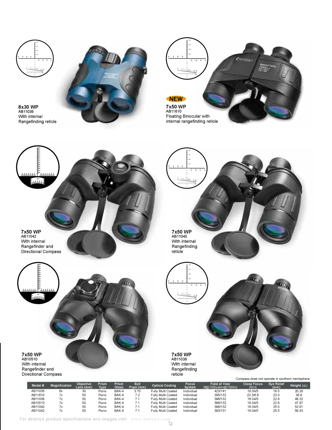 Barska AC10552 manual 8x30 WP 7x50 WP, AB11036 AB11610, Internal rangefinding reticle, AB11042 AB11040, AB10510 AB11038 