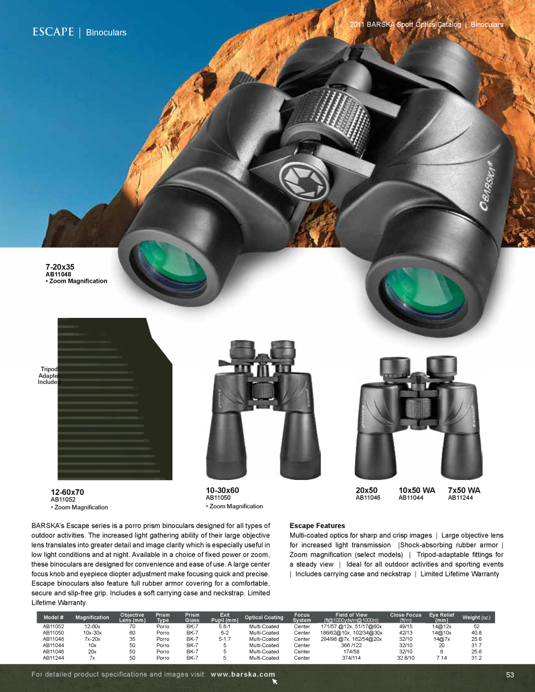 Barska AC10552 manual Escape Binoculars, 20x35, 12-60x70 10-30x60 20x50 10x50 WA, 7x50 WA, Escape Features 