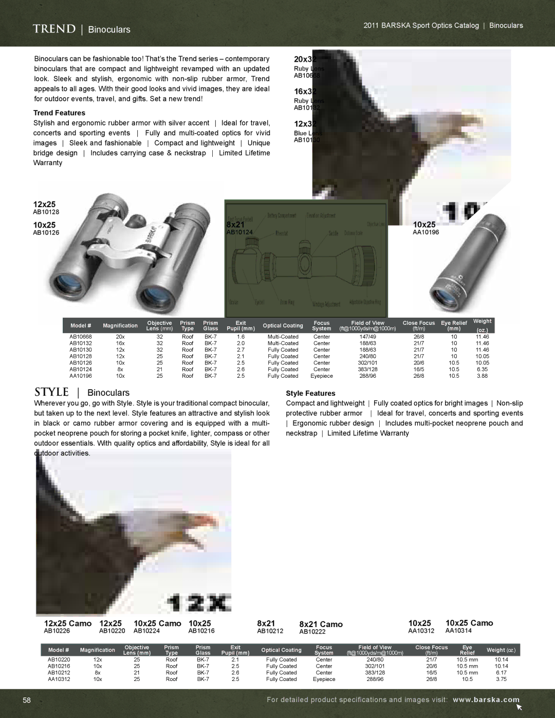 Barska AC10552 manual Trend Binoculars, Style Binoculars, 10x25 8x21, 12x25 Camo 10x25 Camo 8x21 8x21 Camo 