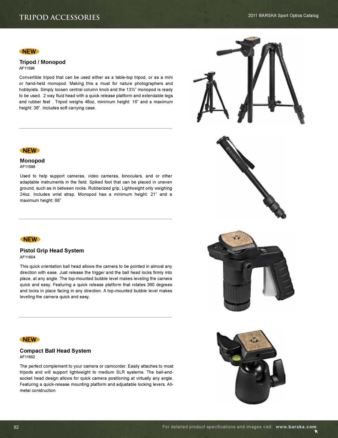 Barska AC10552 manual Tripod / Monopod, Pistol Grip Head System, Compact Ball Head System 