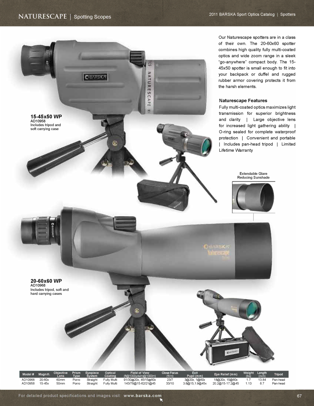 Barska AC10552 manual Naturescape Spotting Scopes, 15-45x50 WP, 20-60x60 WP, Naturescape Features 