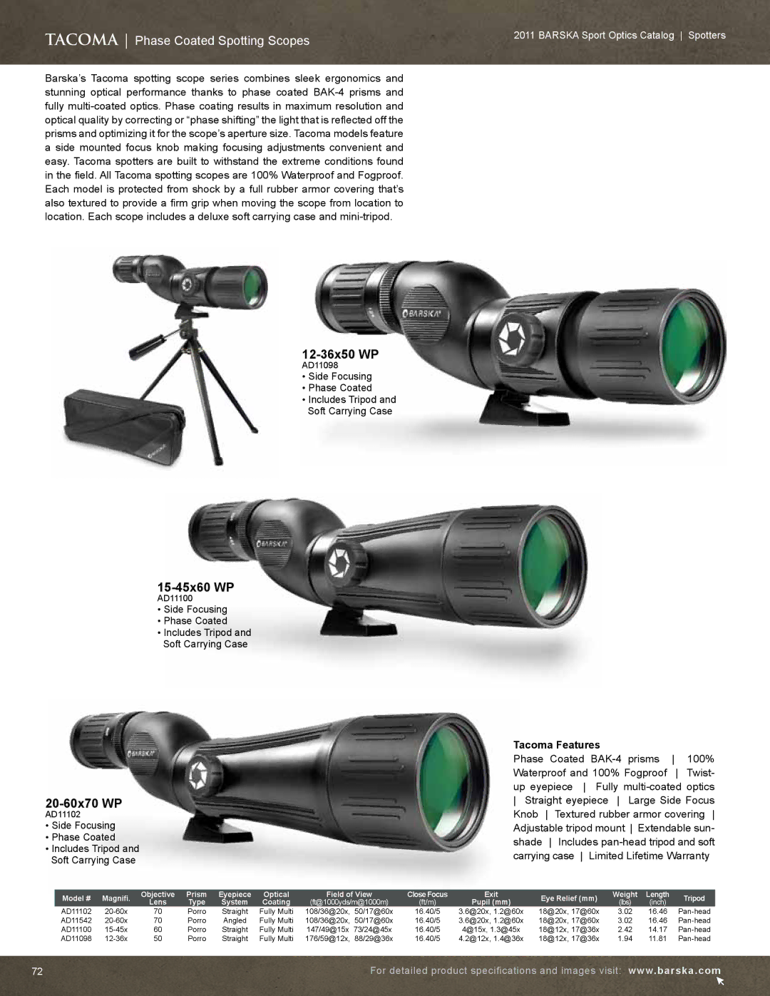 Barska AC10552 manual Tacoma Phase Coated Spotting Scopes, 12-36x50 WP, 15-45x60 WP, 20-60x70 WP, Tacoma Features 