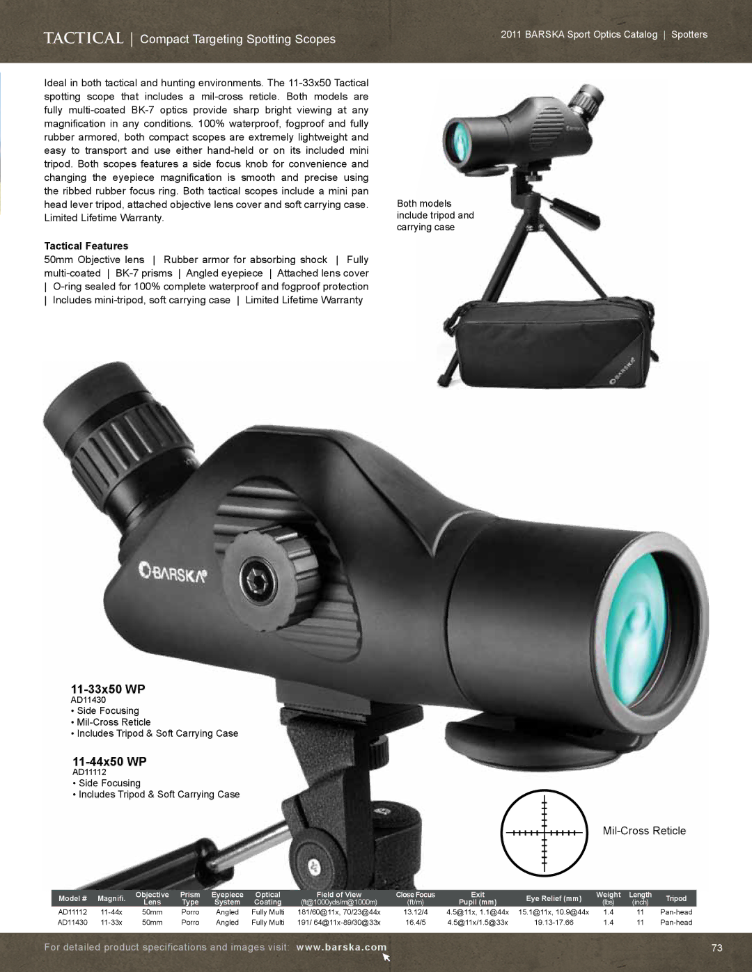 Barska AC10552 manual Tactical Compact Targeting Spotting Scopes, 11-33x50 WP, 11-44x50 WP, AD11430, AD11112 