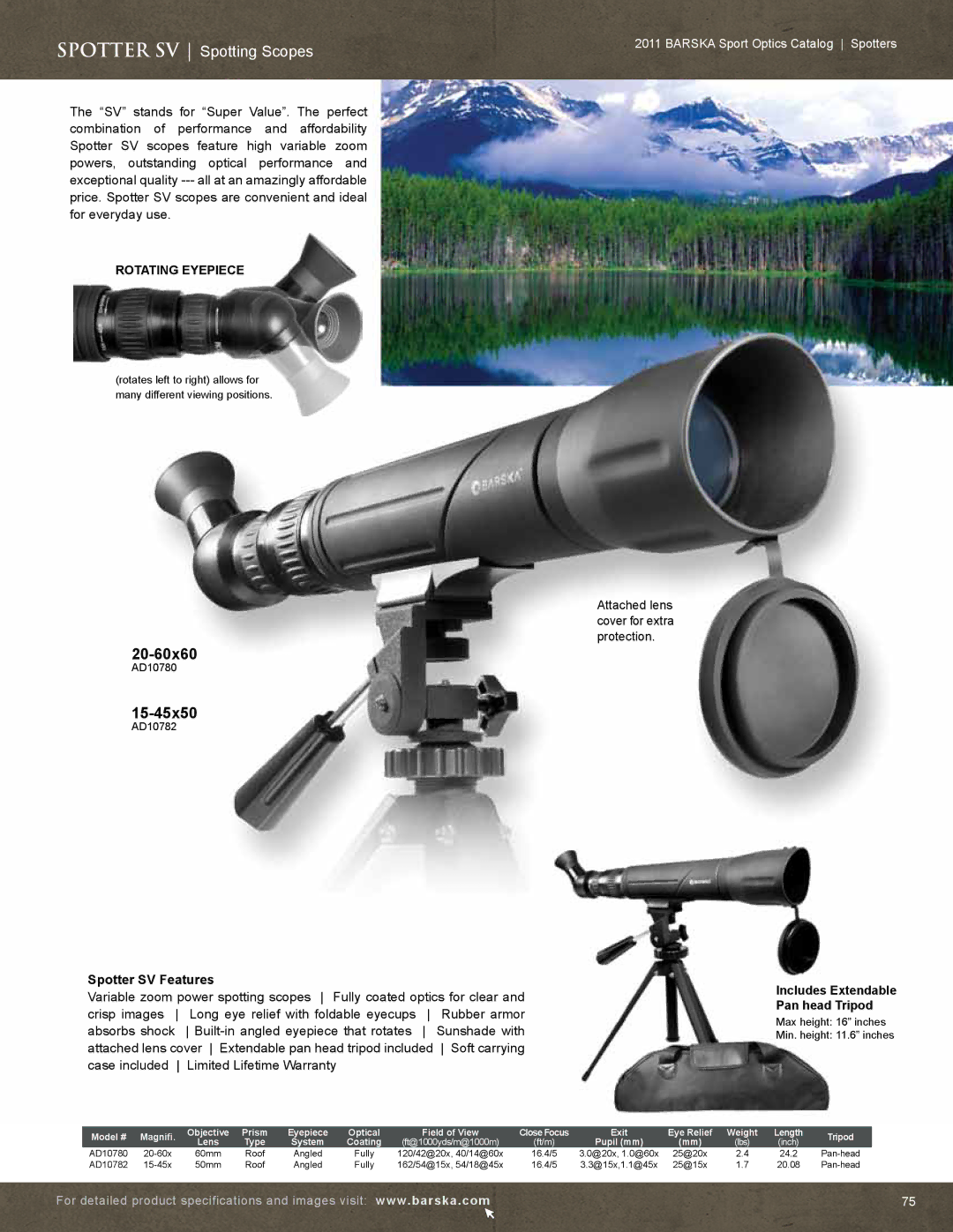 Barska AC10552 manual Spotter SV Spotting Scopes, 20-60x60, 15-45x50, Rotating Eyepiece, Spotter SV Features 