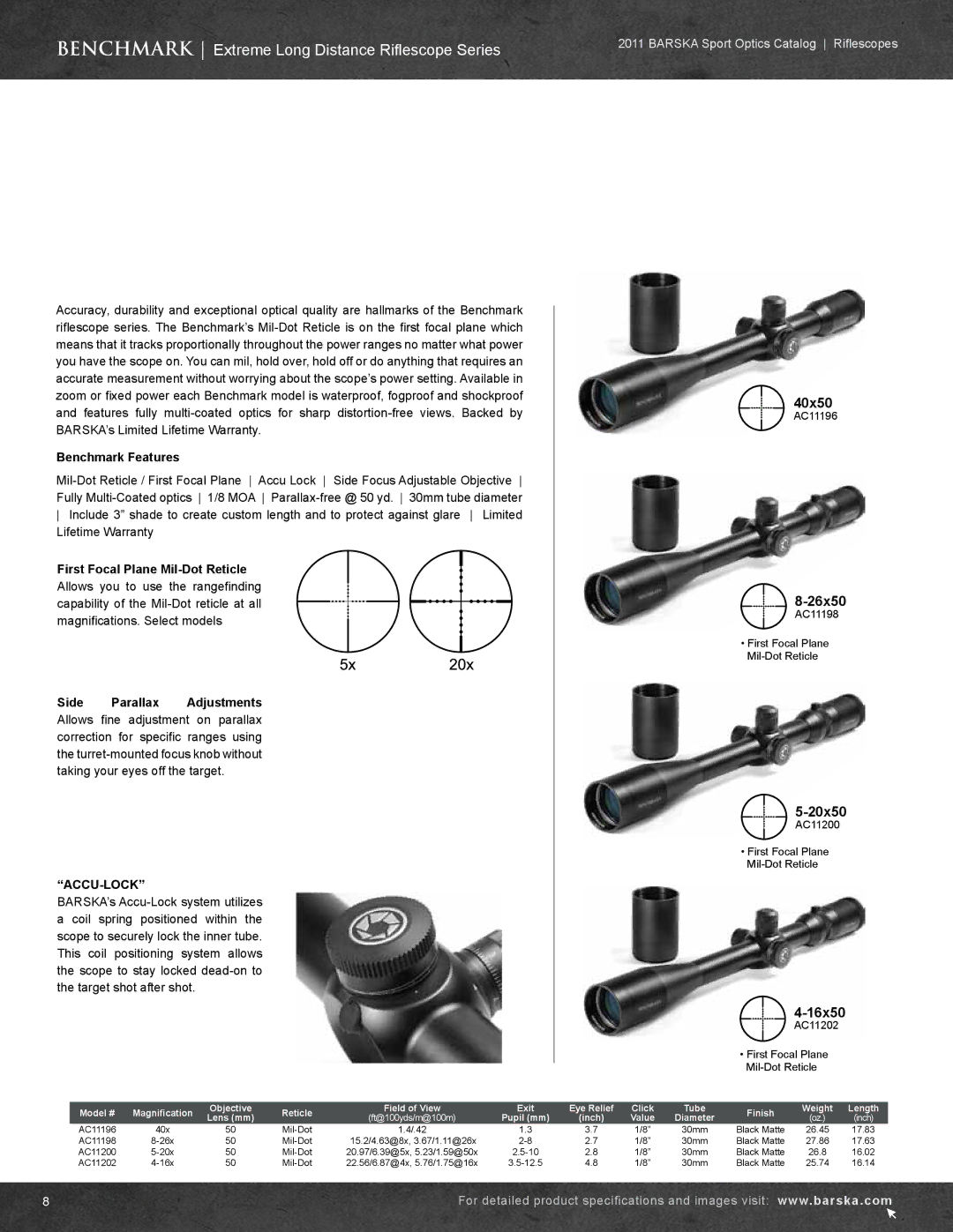 Barska AC10552 manual Benchmark Extreme Long Distance Riflescope Series, 40x50, 26x50, 20x50, 16x50 