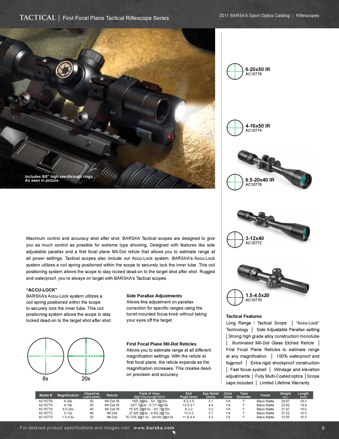 Barska AC10552 manual Tactical First Focal Plane Tactical Riflescope Series, 6x20x 