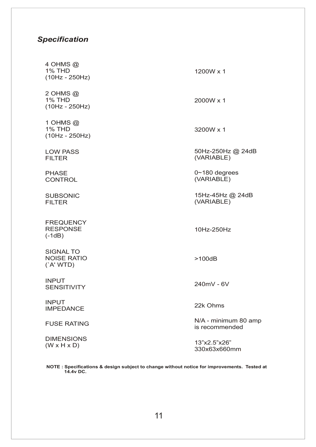 Bassworx BA3000.1D manual Specification 