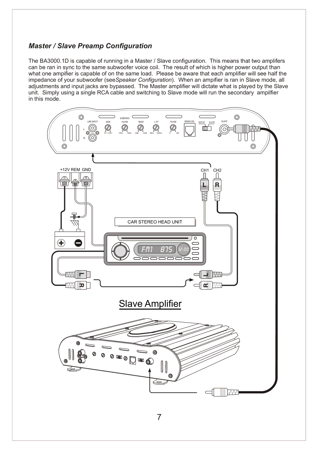 Bassworx BA3000.1D manual Slave Amplifier, Master / Slave Preamp Configuration 