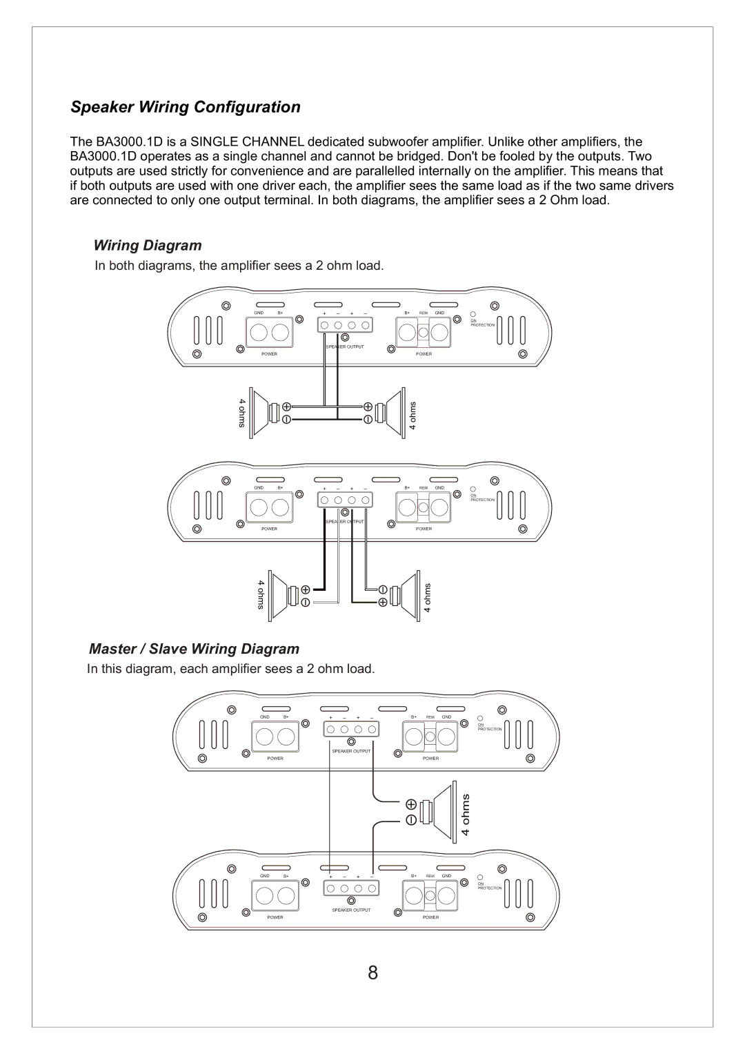 Bassworx BA3000.1D manual Speaker Wiring Configuration, Wiring Diagram 